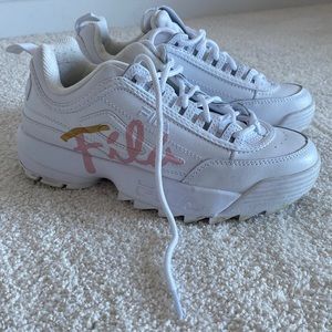 Fila disruptor script pink and gold shoes
